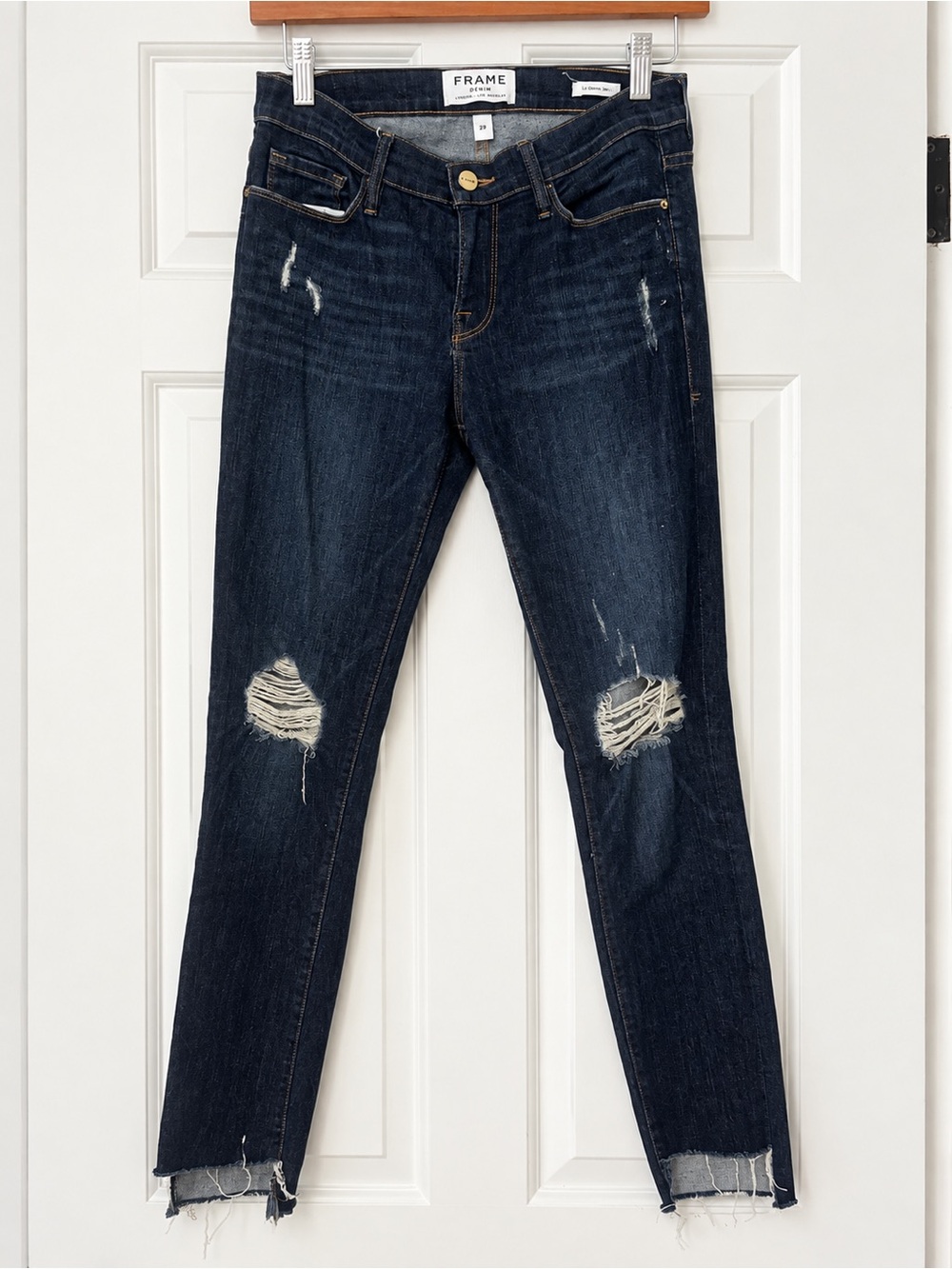 Frame Denim Dark Indigo Distressed Skinny Jeans